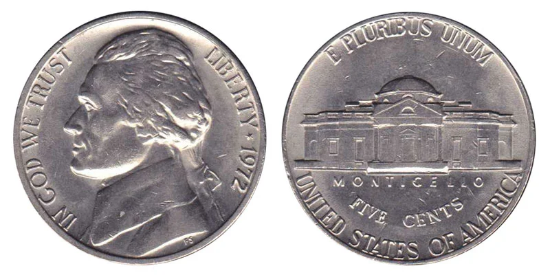 1972 Jefferson nickel obverse showing Jefferson portrait and Monticello reverse