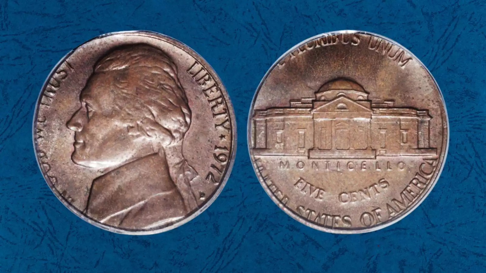 1972-D Jefferson nickel struck on wrong planchet showing copper color and small diameter