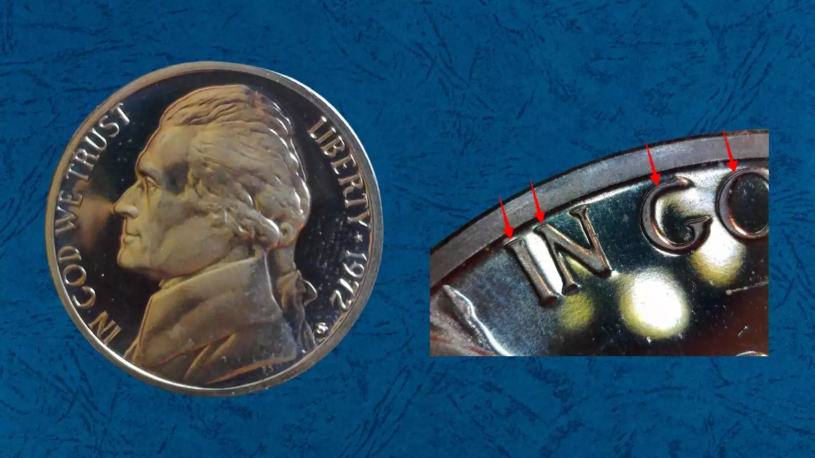 1972 Jefferson nickel Doubled Die Obverse showing doubling on LIBERTY inscription