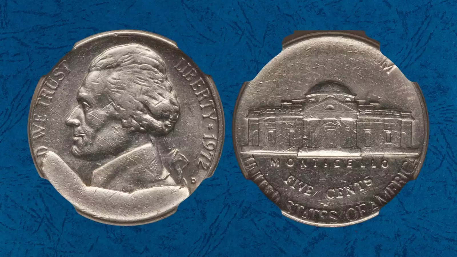 1972 Jefferson nickel die break error showing raised crack line and cud on coin surface