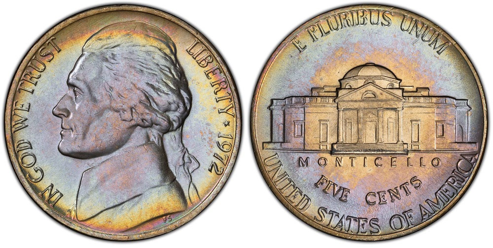 1972 Jefferson nickel grading strip showing four condition tiers from worn to gem uncirculated